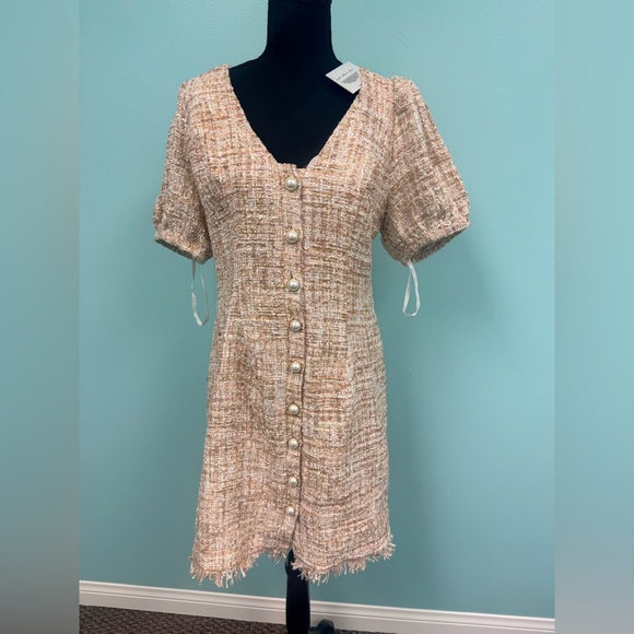 Foxiedox Puff-Sleeve Tweed Sheath Dress Blush L & XL - Picture 2 of 8